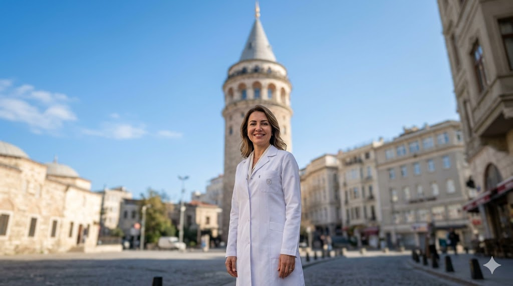 طبيب متخصص يقف أمام برج غالاتا في إسطنبول لتمثيل خدمات تقنية سكارليت في تركيا في بيئة طبية فاخرة.
