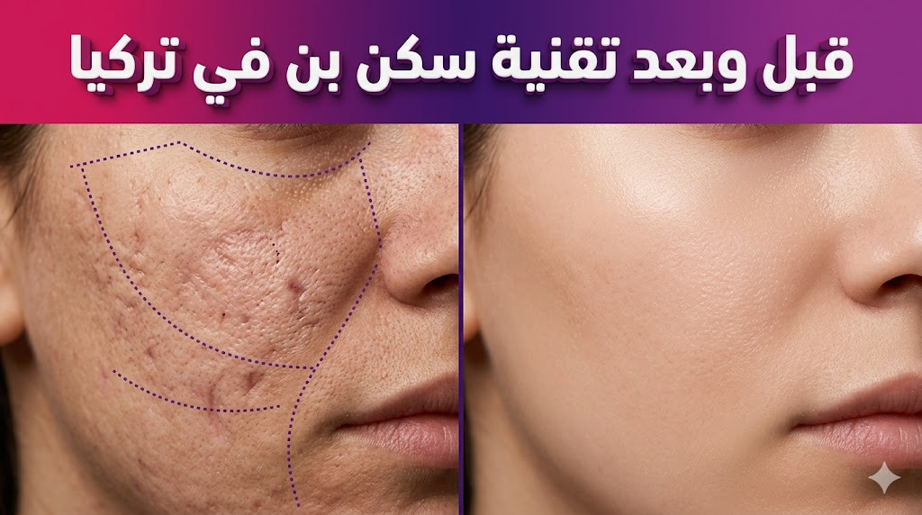 صورة قبل وبعد توضح نتائج تقنية سكن بن في تركيا في إزالة الندبات وتنعيم ملمس البشرة مع نص ثلاثي الأبعاد باللغة العربية.