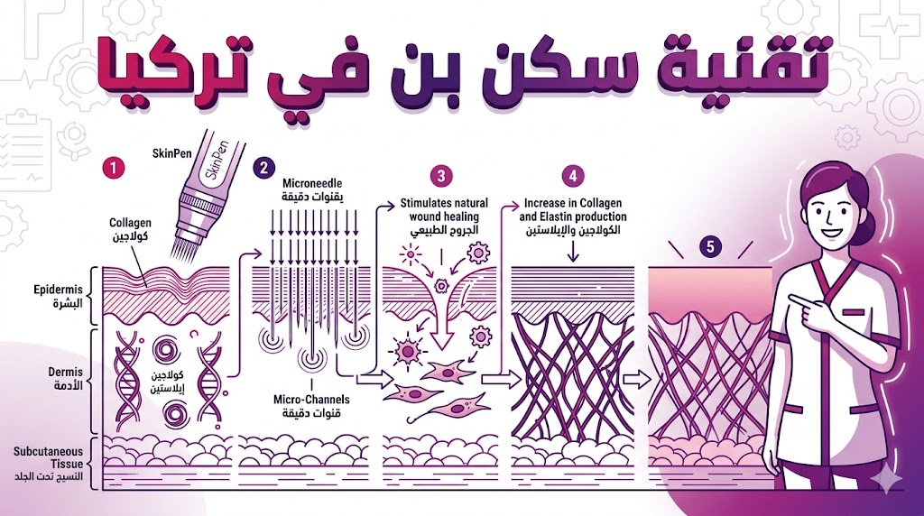 مخطط طبي يوضح تشريح الجلد وكيفية عمل تقنية سكن بن في تركيا في تحفيز الأنسجة العميقة لإصلاح البشرة.