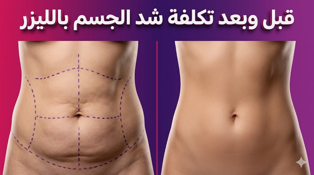  مقارنة قبل وبعد توضح نتائج تكلفة شد الجسم بالليزر مع وجود علامات طبية على الجلد المترهل والنتيجة النهائية المشدودة.