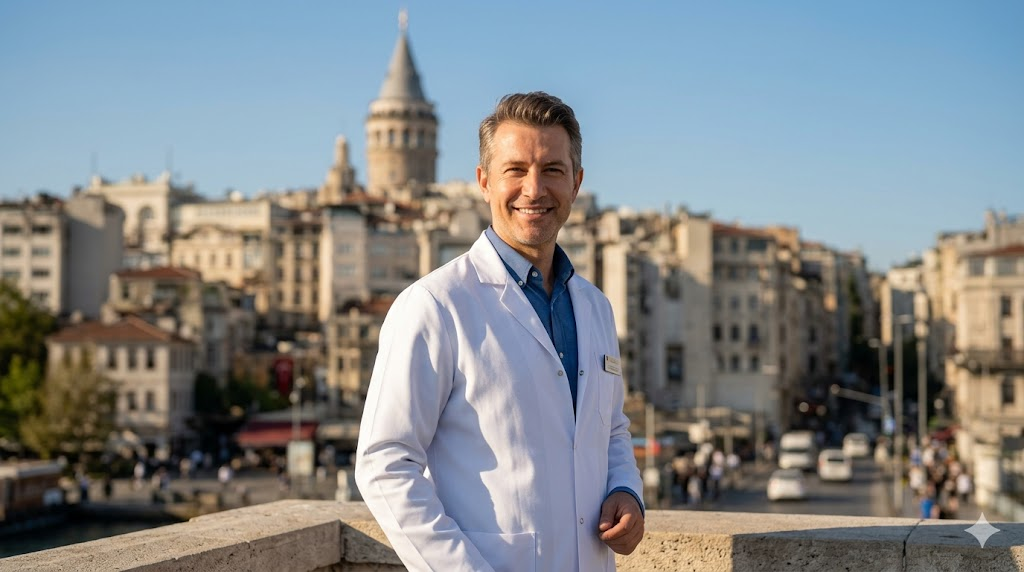 طبيب تجميل متخصص في إبر النضارة للعين في تركيا يقف أمام برج غالاتا الشهير في إسطنبول بلمسة فوتوغرافية احترافية.