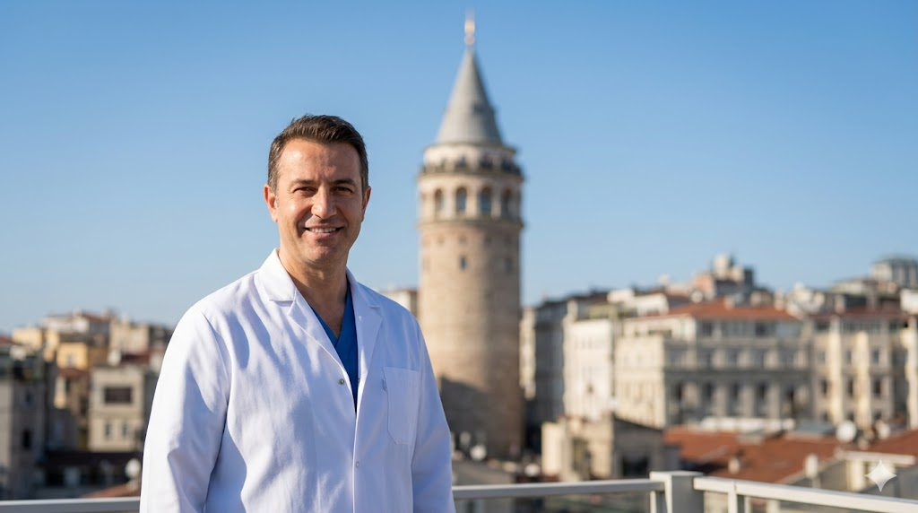 طبيب تجميل متخصص في تقنية سكن بن في تركيا يقف بابتسامة واثقة أمام برج غالاتا التاريخي في اسطنبول.