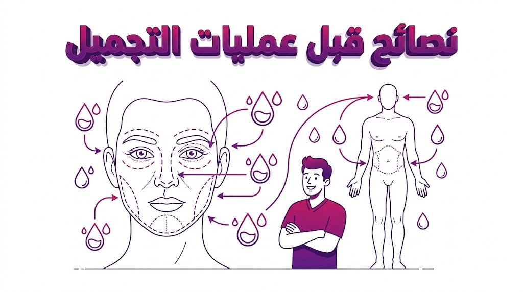 إنفوجرافيك تعليمي يستعرض المخطط التشريحي والتحضيري ضمن نصائح قبل عمليات التجميل لضمان السلامة.