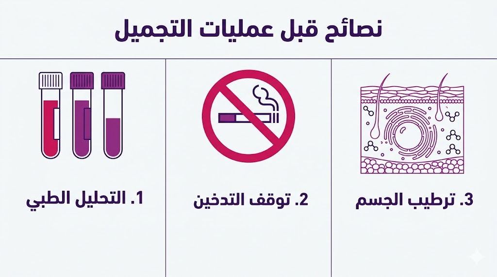 بوستر إنفوجرافيك يوضح ثلاث خطوات أساسية من نصائح قبل عمليات التجميل تشمل الفحوصات وترك التدخين والترطيب.