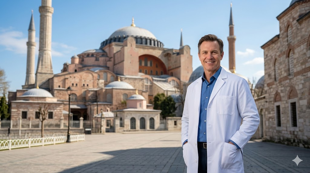 طبيب تجميل بابتسامة واثقة أمام آيا صوفيا في إسطنبول يقدم نصائح قبل عمليات التجميل للمرضى الدوليين.