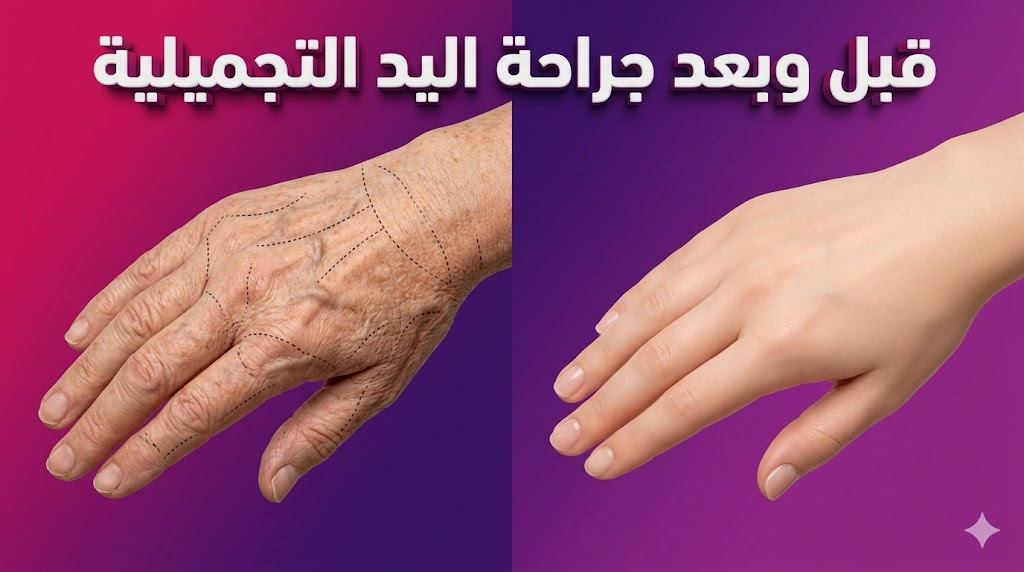  مقارنة قبل وبعد توضح نتائج جراحة اليد التجميلية وعلامات التحديد الجراحي لاستعادة شباب الجلد.