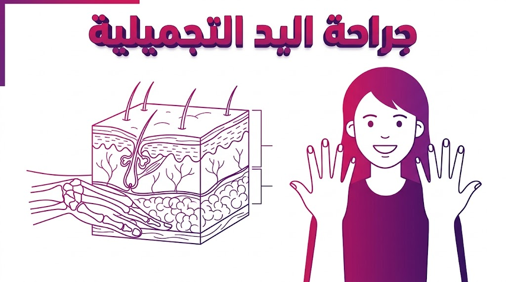  مخطط تشريحي يوضح البنية الداخلية لليد والطبقات المستهدفة في جراحة اليد التجميلية.