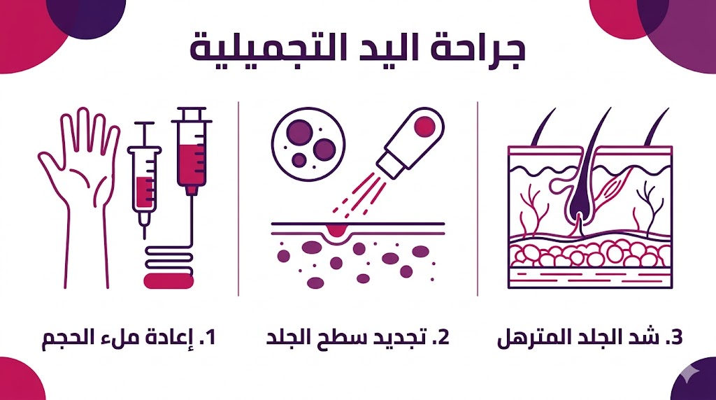 إنفوجرافيك طبي يوضح التقنيات الثلاث الرئيسية المستخدمة في جراحة اليد التجميلية.