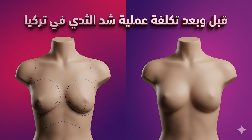 مقارنة توضيحية قبل وبعد تظهر نتائج تحسين القوام المرتبطة بـ تكلفة عملية شد الثدي في تركيا.