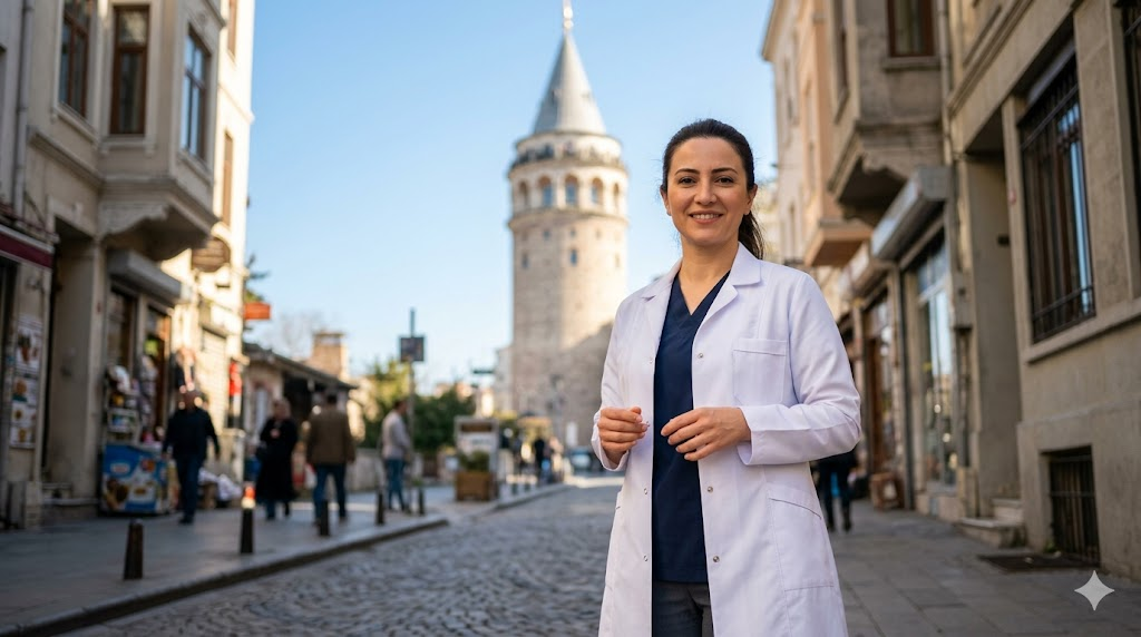 طبيب تجميل متخصص في جراحة اليد التجميلية يقف أمام برج غالاتا في اسطنبول.