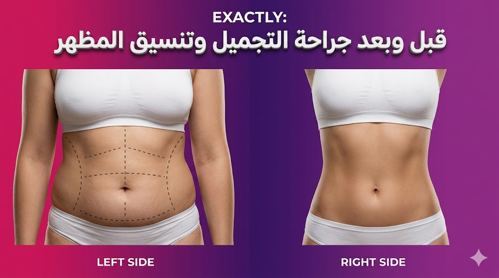  صورة "قبل وبعد" توضح نتائج جراحة التجميل وتنسيق المظهر مع علامات التخطيط الجراحي والنتيجة النهائية المثالية.