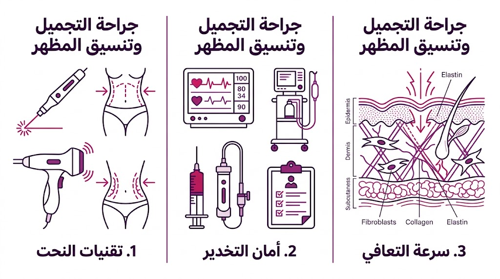 بوستر طبي يتضمن 3 أقسام تشرح تقنيات النحت، أمان التخدير، ووسائل التعافي في جراحة التجميل وتنسيق المظهر.