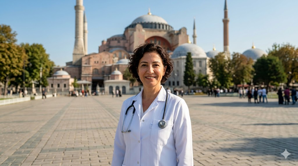 طبيب تجميل محترف يقف أمام جامع آيا صوفيا في إسطنبول، مما يرمز لثقة وجودة جراحة التجميل وتنسيق المظهر في تركيا.