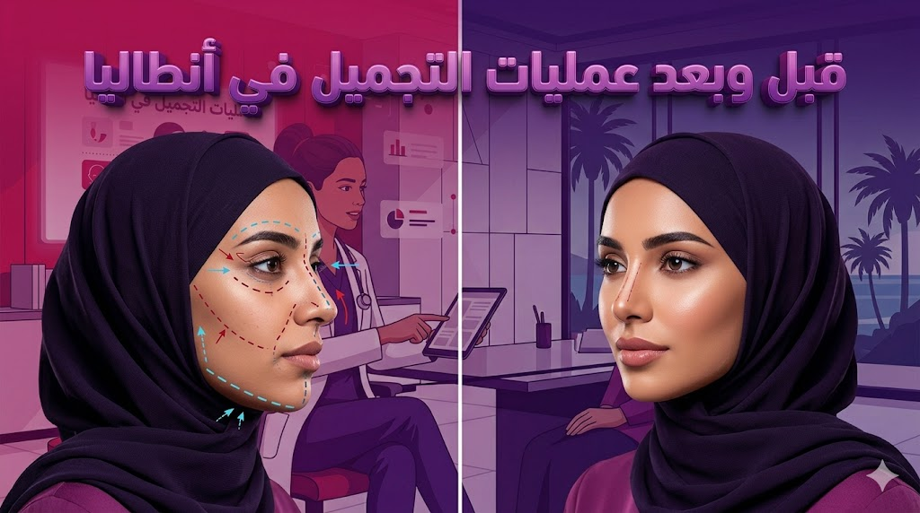 صورة واقعية "قبل وبعد" توضح نتائج عمليات التجميل في أنطاليا مع علامات التخطيط الجراحي على اليسار والنتيجة النهائية المثالية على اليمين.