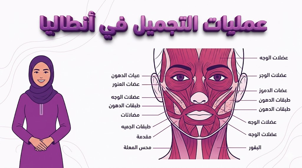 إنفوجرافيك طبي تعليمي يوضح التشريح العلمي والطبقات الحيوية المستهدفة أثناء إجراء عمليات التجميل في أنطاليا بأسلوب فني راقٍ.