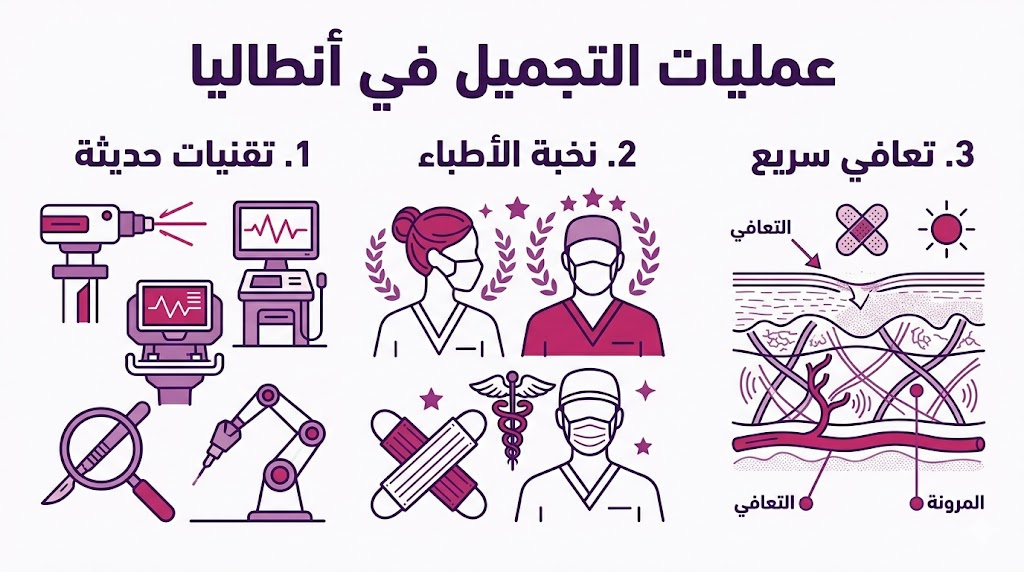 بوستر إنفوجرافيك مقسم لثلاثة أقسام يشرح مميزات عمليات التجميل في أنطاليا من حيث التقنية والخبرة وسرعة الاستشفاء.