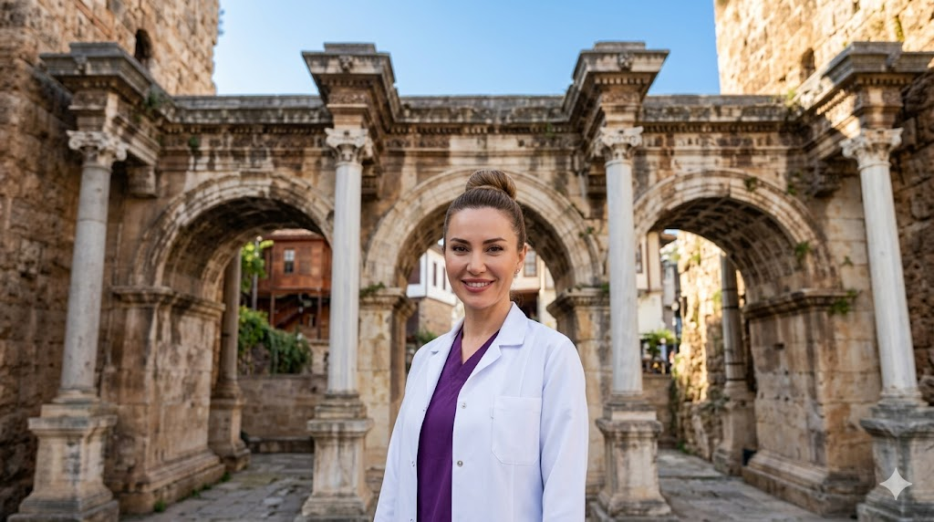 جراح تجميل محترف يقف أمام بوابة هادريان التاريخية، مما يربط بين جودة عمليات التجميل في أنطاليا وجمال المدينة السياحي.