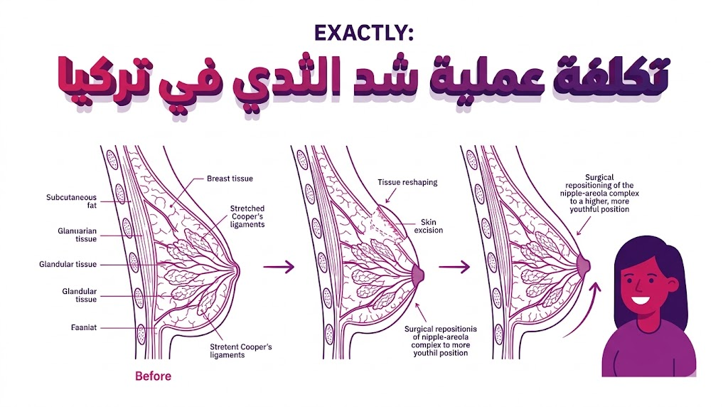 مخطط تشريحي طبي يوضح التفاصيل العلمية لعملية الرفع وعلاقتها بـ تكلفة عملية شد الثدي في تركيا.