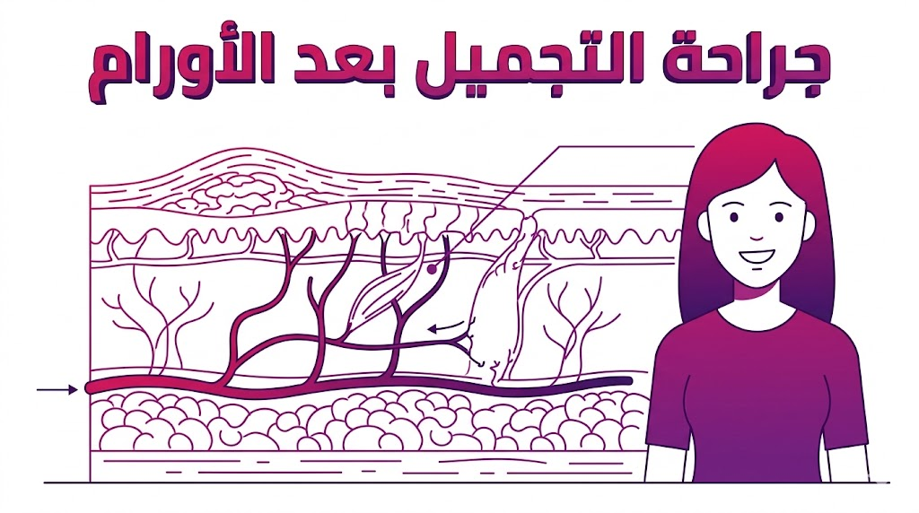 مخطط تشريحي علمي يوضح تقنيات إعادة بناء الأنسجة في جراحة التجميل بعد الأورام.