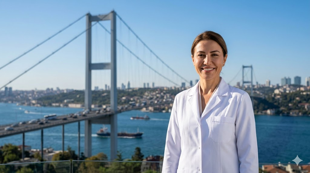  جراح تجميل متخصص في جراحة التجميل بعد الأورام يقف أمام جسر البوسفور في اسطنبول.
