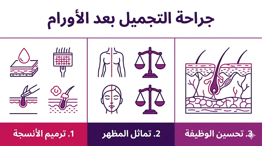 إنفوجرافيك طبي يوضح المحاور الثلاثة الأساسية في جراحة التجميل بعد الأورام.