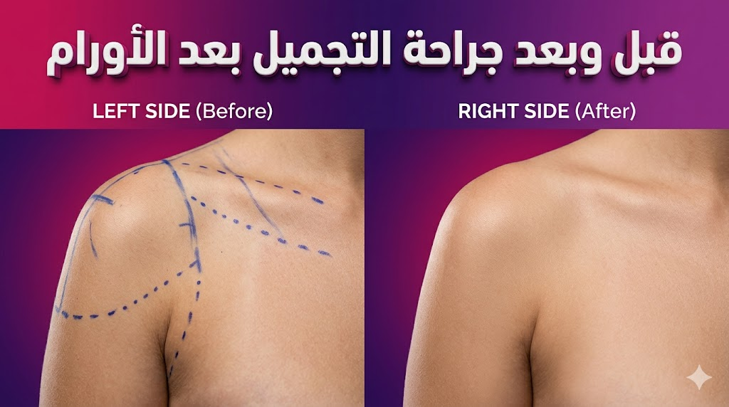 مقارنة قبل وبعد تظهر التخطيط الجراحي والنتائج النهائية المذهلة لعملية جراحة التجميل بعد الأورام.