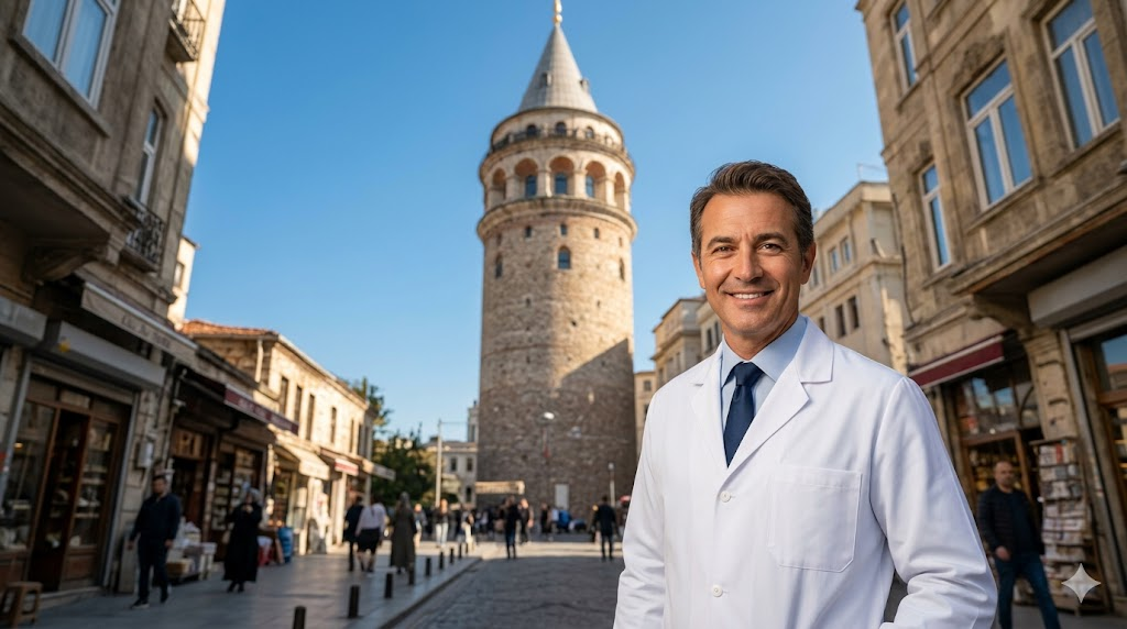  جراح تجميل محترف يقف أمام برج غالاتا في إسطنبول، تعبيراً عن الريادة في التجميل الجراحي المتقدم في تركيا.