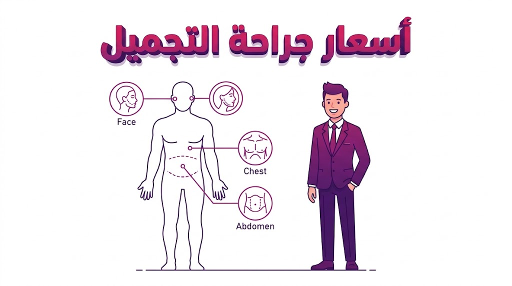 مخطط إنفوجرافيك تعليمي يوضح المجالات الطبية المختلفة التي تغطيها أسعار جراحة التجميل مع شخصية تعبر عن الرضا.