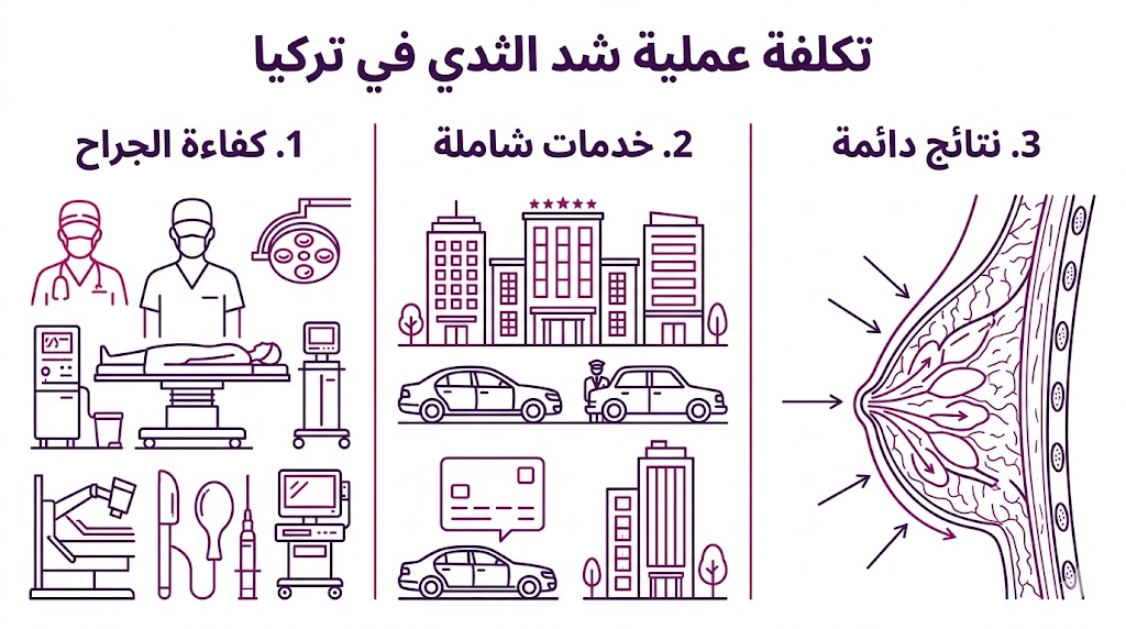 إنفوجرافيك يوضح العوامل المؤثرة في تكلفة عملية شد الثدي في تركيا ومميزات الباقات الطبية.