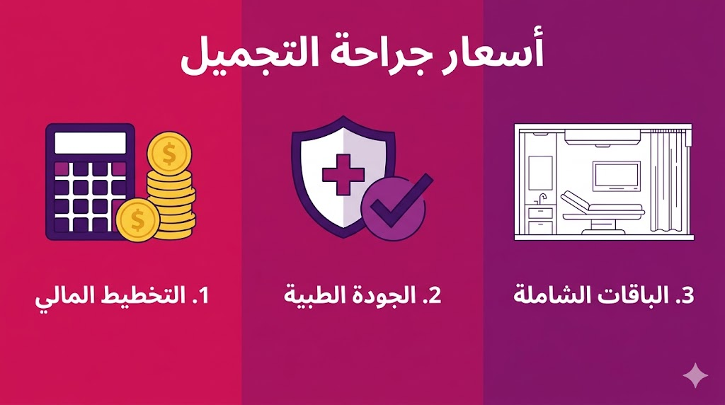  إنفوجرافيك مقسم لثلاثة أقسام يشرح التخطيط والجودة والباقات ضمن أسعار جراحة التجميل.