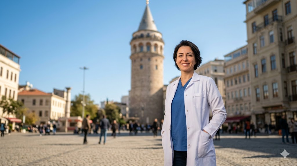  طبيب تجميل يقف بملامح واثقة أمام برج غالاتا في إسطنبول، في سياق البحث عن أسعار جراحة التجميل في تركيا.
