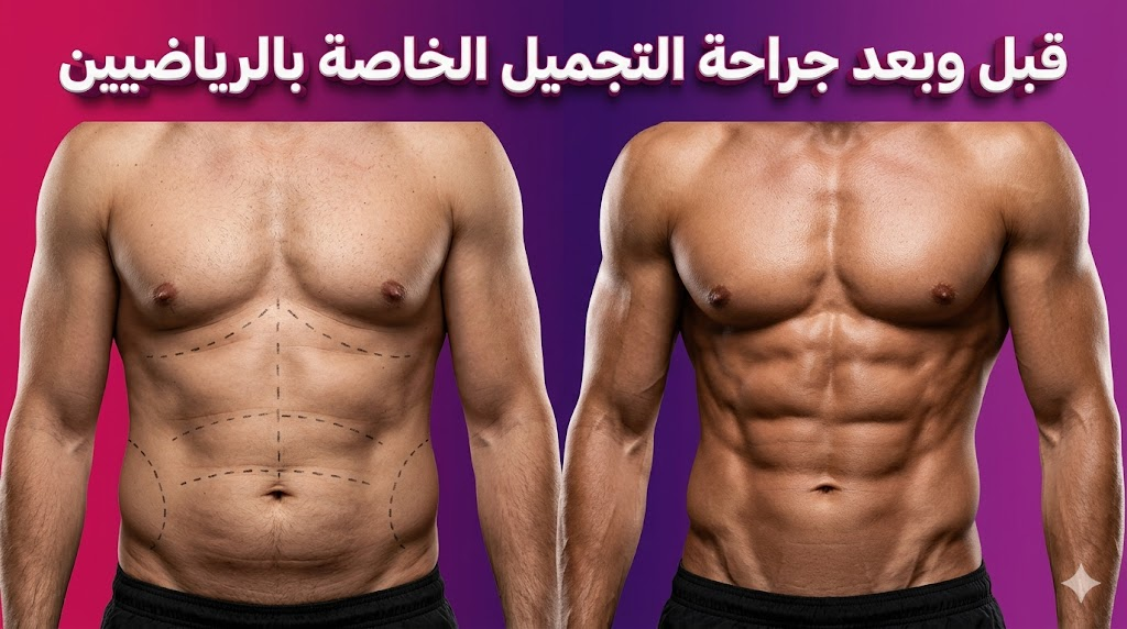 مقارنة قبل وبعد توضح نتائج جراحة التجميل الخاصة بالرياضيين في تحديد عضلات الجسم.
