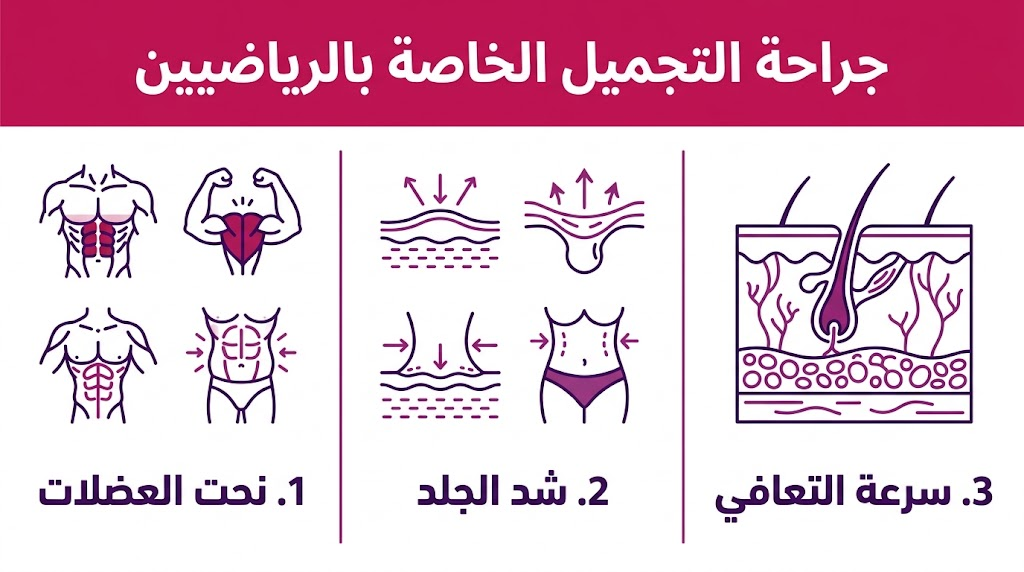  إنفوجرافيك يوضح المحاور الثلاثة الأساسية في جراحة التجميل الخاصة بالرياضيين.