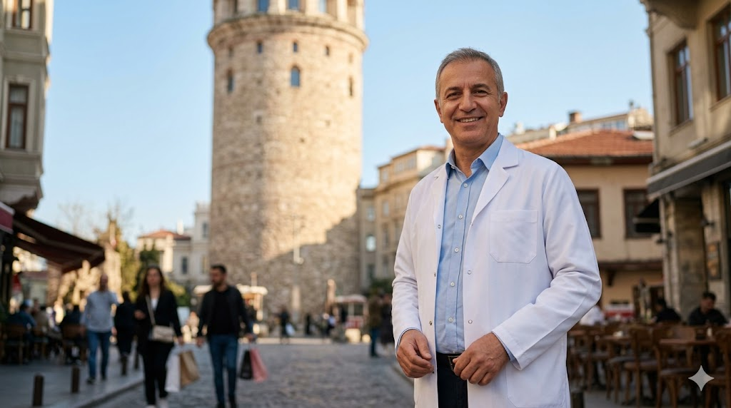  طبيب تجميل متخصص في جراحة التجميل الخاصة بالرياضيين أمام برج غالاتا في إسطنبول.