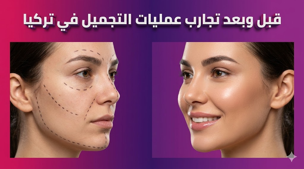 مقارنة قبل وبعد تظهر دقة النتائج في تجارب عمليات التجميل في تركيا مع نص عربي ثلاثي الأبعاد وخلفية فاخرة.