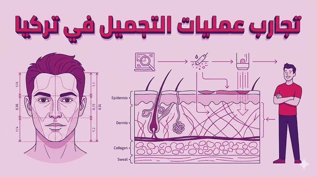  مخطط تشريحي تعليمي يوضح الأسس العلمية وراء تجارب عمليات التجميل في تركيا بأسلوب فني راقٍ باللون الأرجواني.