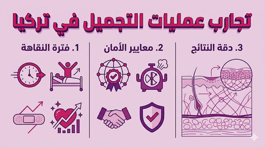  إنفوجرافيك طبي مقسم لثلاثة أقسام يشرح مزايا تجارب عمليات التجميل في تركيا من حيث الأمان والتعافي والنتائج.