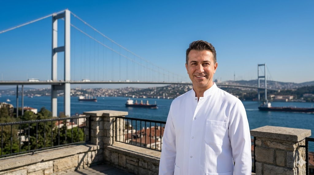 طبيب تجميل محترف يقف أمام جسر البوسفور في إسطنبول، ليعكس الثقة والخبرة في تجارب عمليات التجميل في تركيا.