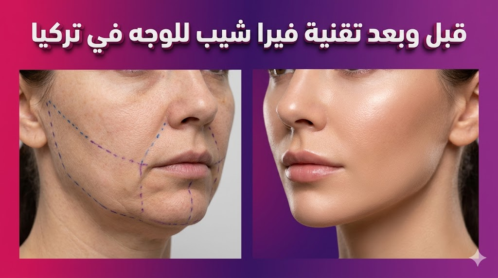 مقارنة "قبل وبعد" توضح نتائج تقنية فيرا شيب للوجه في تركيا لشد الرقبة وتحديد الفك.