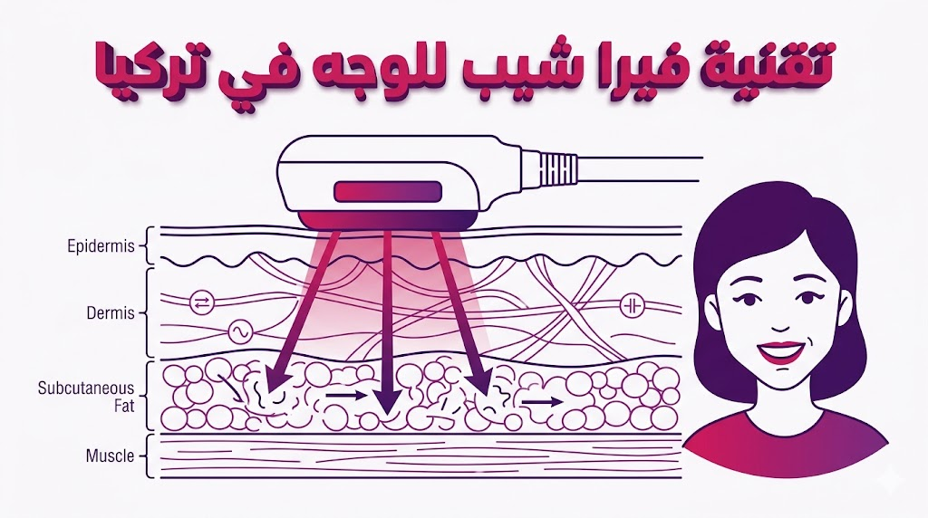 مخطط طبي توضيحي يشرح كيفية عمل تقنية فيرا شيب للوجه في تركيا على طبقات الجلد الداخلية.