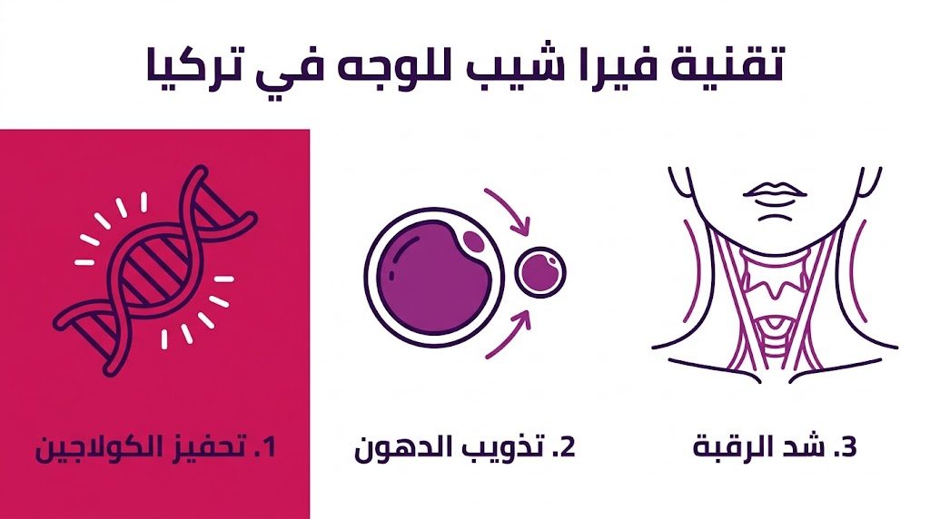  إنفوجرافيك تعليمي لثلاث فوائد رئيسية عند استخدام تقنية فيرا شيب للوجه في تركيا.