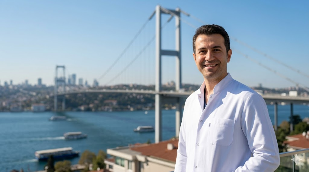 طبيب تجميل متخصص في تقنية فيرا شيب للوجه في تركيا يقف أمام جسر البوسفور في اسطنبول.
