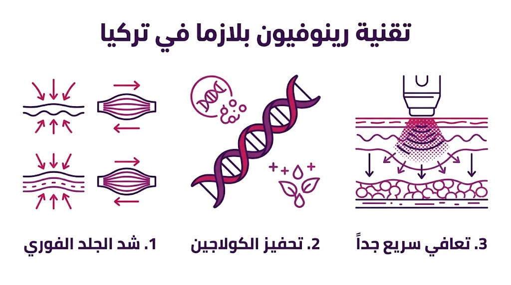  بوستر إنفوجرافيك طبي يبرز أهم ثلاث مميزات لاستخدام تقنية رينوفيون بلازما في تركيا.