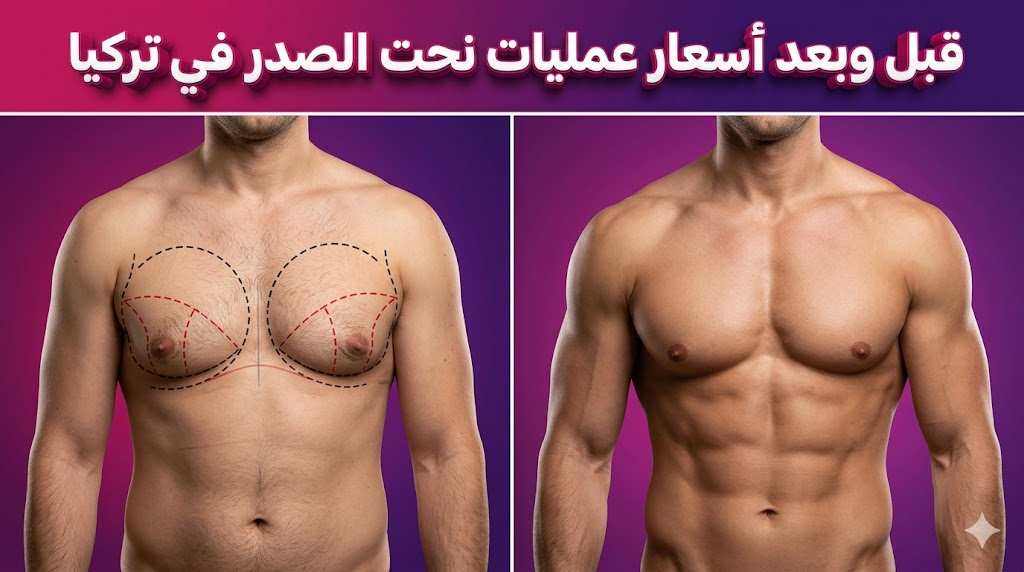 مقارنة قبل وبعد توضح نتائج أسعار عمليات نحت الصدر في تركيا مع علامات جراحية دقيقة وتنسيق مثالي للعضلات.