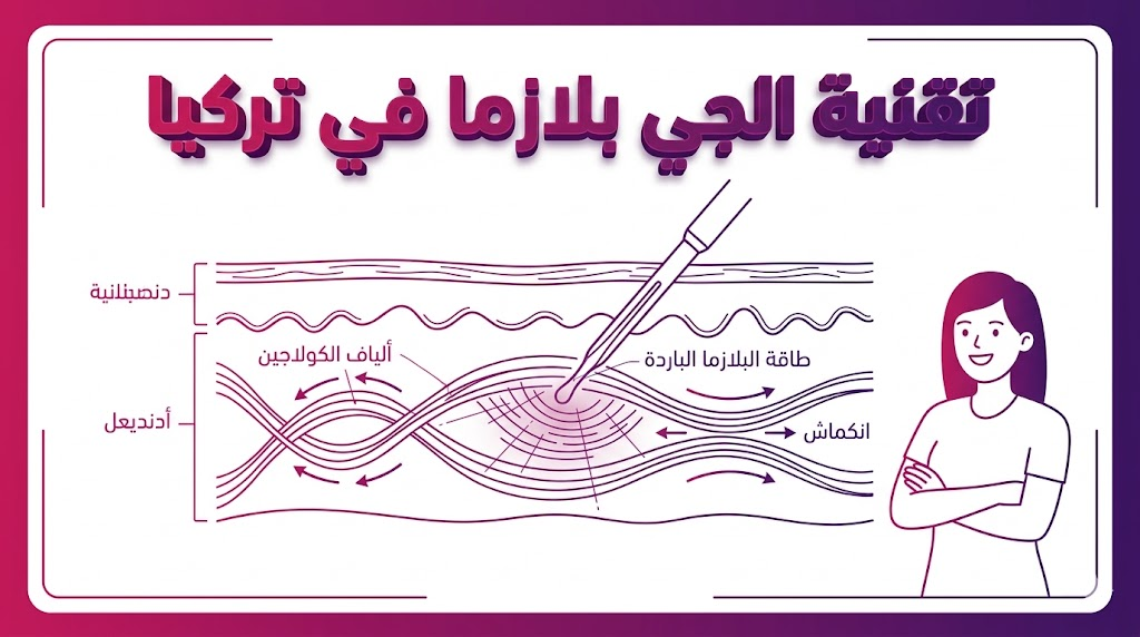 مخطط تشريحي يوضح آلية عمل تقنية الجي بلازما في تركيا في تحفيز الكولاجين وشد الأنسجة تحت الجلد.