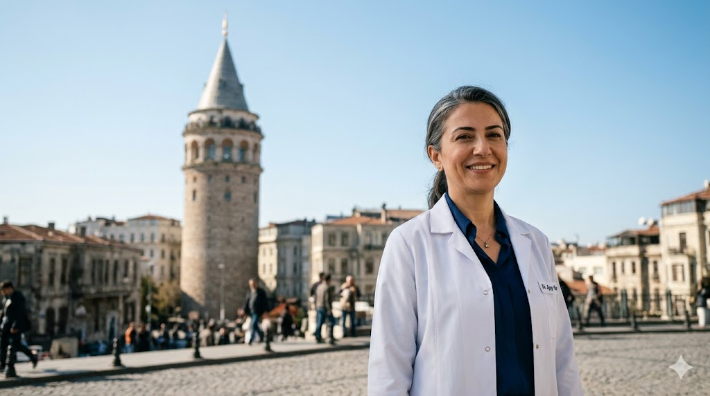 طبيب تجميل خبير في تركيا يقف أمام برج غالاتا التاريخي، متخصص في تقنية الجي بلازما في تركيا.
