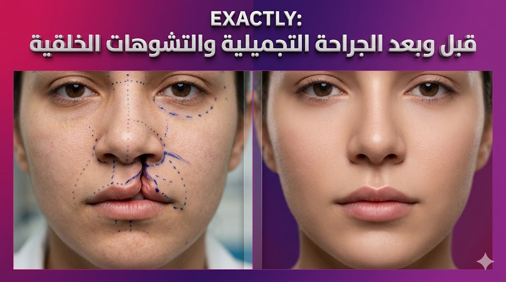 مقارنة قبل وبعد الجراحة التجميلية والتشوهات الخلقية تظهر تصحيح العيوب الخلقية بنتائج طبيعية.