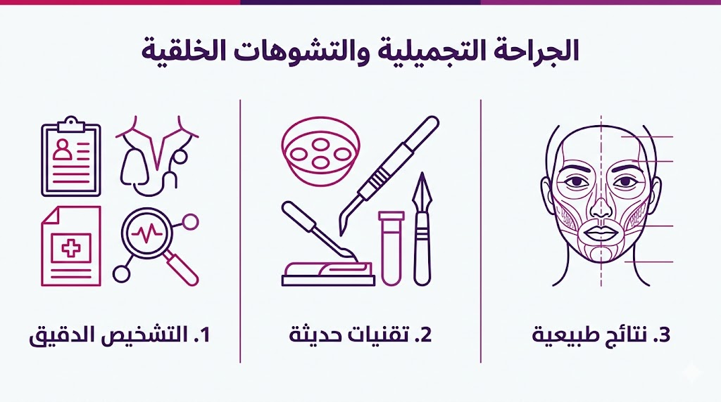  إنفوجرافيك طبي يوضح مراحل الجراحة التجميلية والتشوهات الخلقية من التشخيص إلى النتائج النهائية.