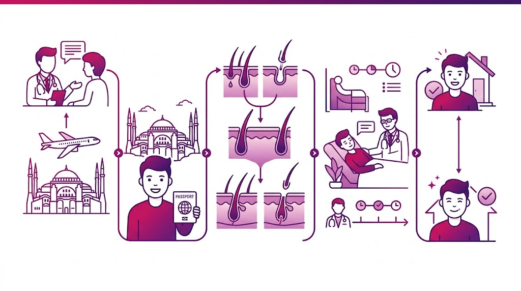 إنفوجرافيك تعليمي يوضح مسار الرعاية الصحية والخدمات اللوجستية ضمن السياحة الطبية في إسطنبول.