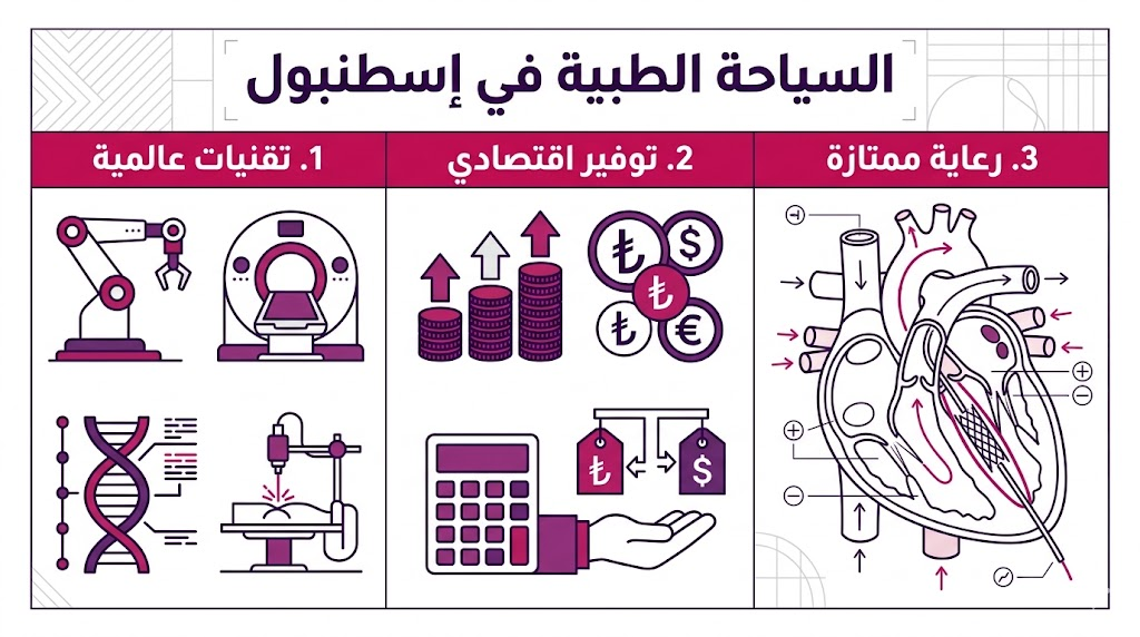 بوستر إنفوجرافيك يوضح أهم 3 ركائز لنجاح السياحة الطبية في إسطنبول: التقنيات، التوفير، والرعاية.